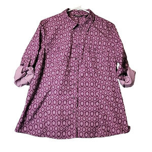 Eddie Bauer Purple Paisley Medallion Long RTS Button Up Blouse Womens XL Pockets